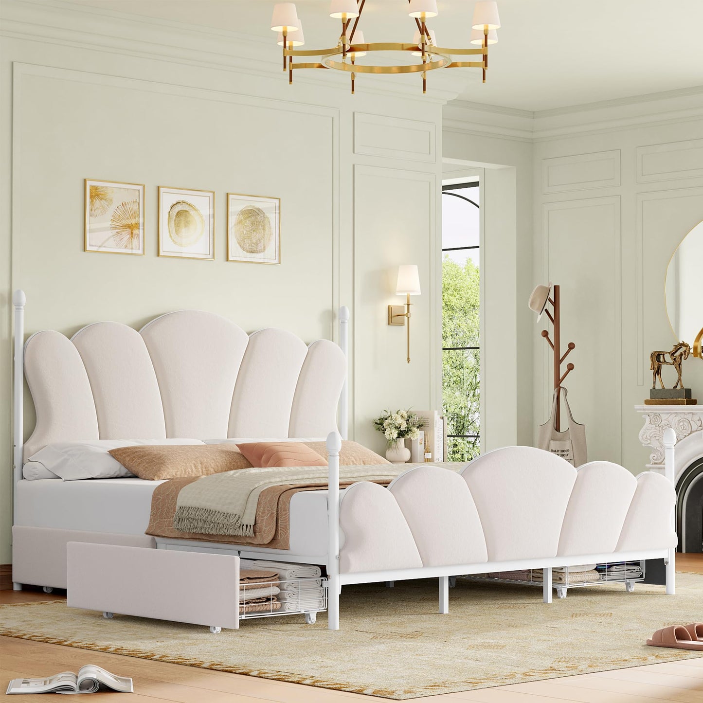FOTOSOK Full Bed Frame, Full Size Bed Frame with Adjustable Headboard, Bed Frames Queen Size with 4 Large Storage Drawers, No Box Spring Needed, Noise Free, White