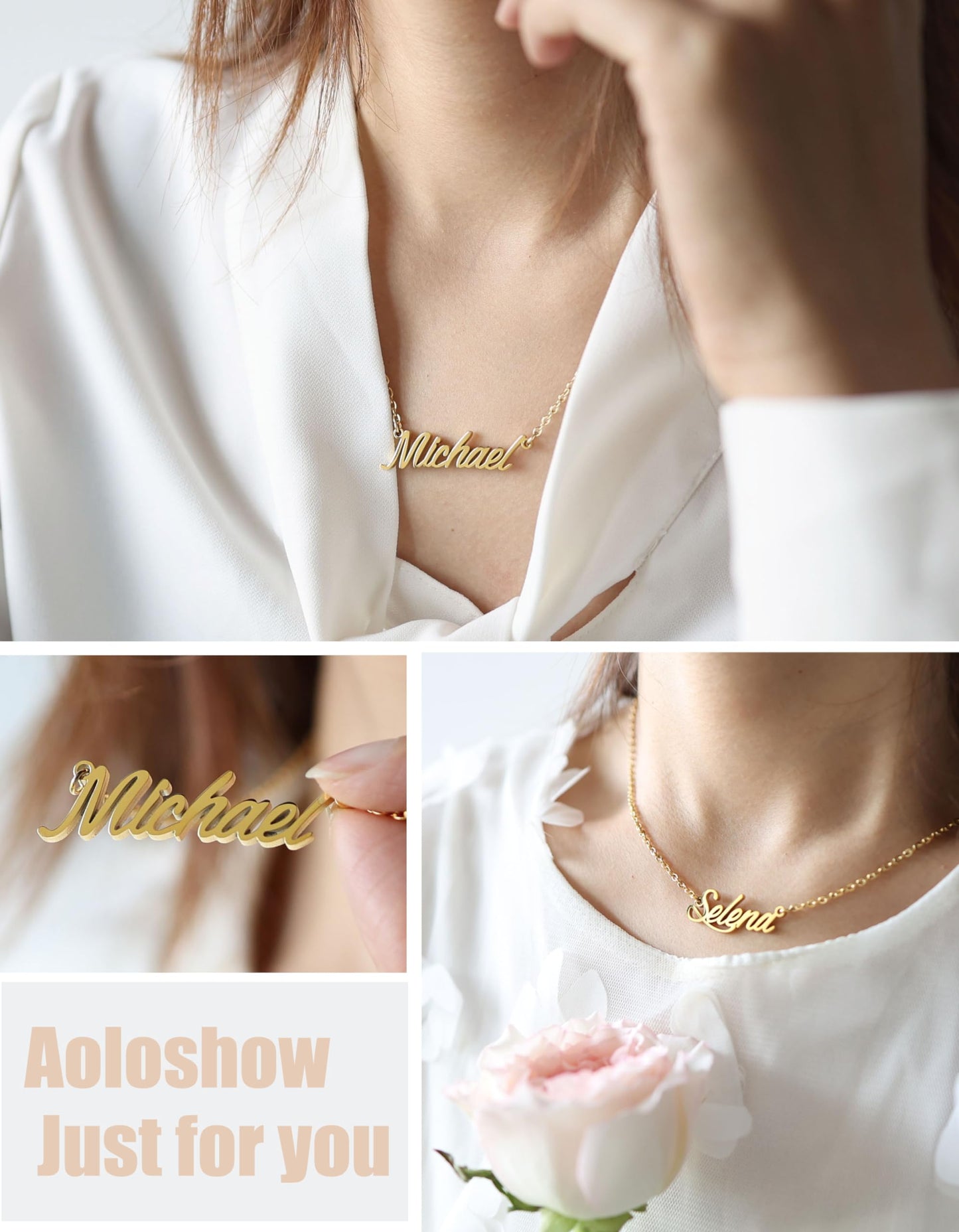 Aoloshow Penny Pendant Name Necklace Stainless Steel 18k Gold Plated Handwritting Name Plate Necklace Jewelry for Moms