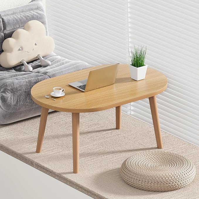 Small Coffee Table for Small Space, Low Table with Solid Wood Legs, Floor Table Desk for Sitting on The Floor, Japanese Coffee Table for Living Room, Tatami Tea Tables, Oval Coffee Tables, Brown