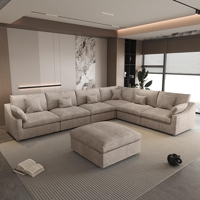 WJShome Cloud Couch for LivingRoom,153" U Shaped Modular Sectional Sofa with Ottoman,Down Filled 7 Seater Convertible Sleeper Sofa Bed Oversized Furniture Sets,Khaki