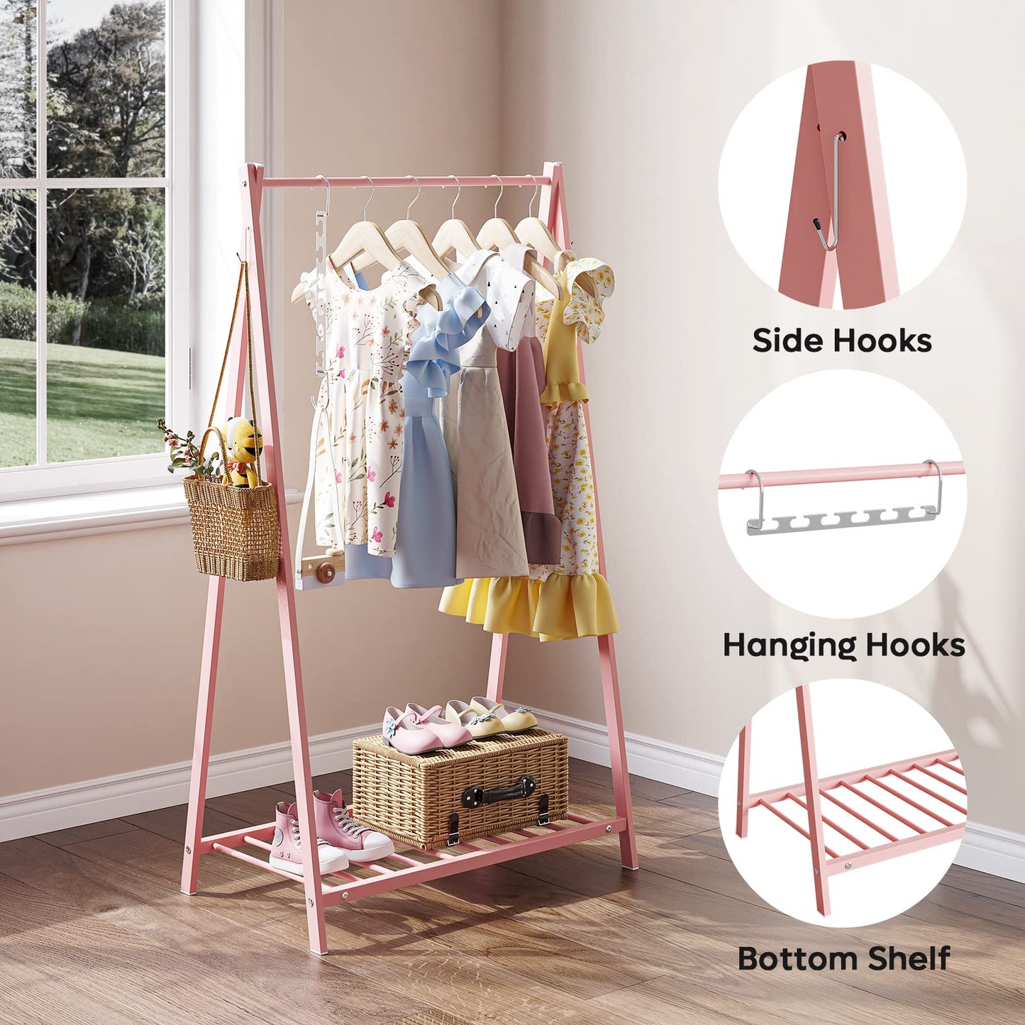 Bestier Kids Clothing Rack - Kids Costume Garment, Bottom Storage Shelf, Small Metal Dress Up Rack for Baby, Toddler, Children, Girls - Pink