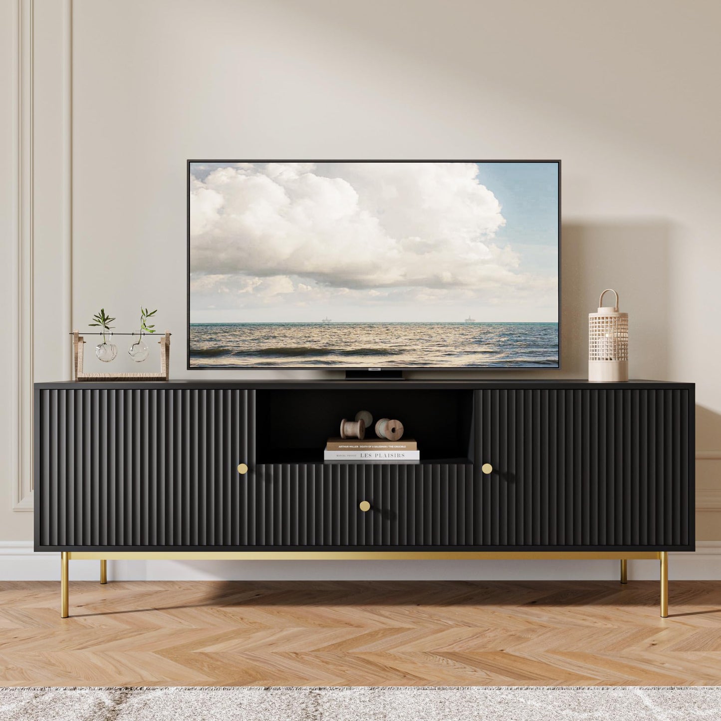 MAISONARIA Fluted TV Stand, Modern TV Stand for 70 Inch TV, Entertainment Center with 2 Storage Cabinets, Fluted Panel Media Console for Living Room, Bedroom, Office, Black