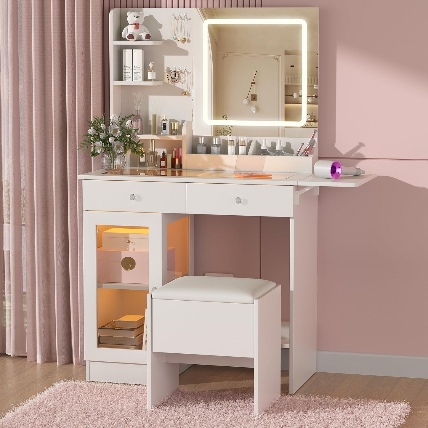 Furnistar Vanity Desk with 3-Colors LED Lights-Mirror and Stool Vanity Set with Power Strip Makeup Vanity with one Cabinet and Two Drawers Dressing Table Set for Women White