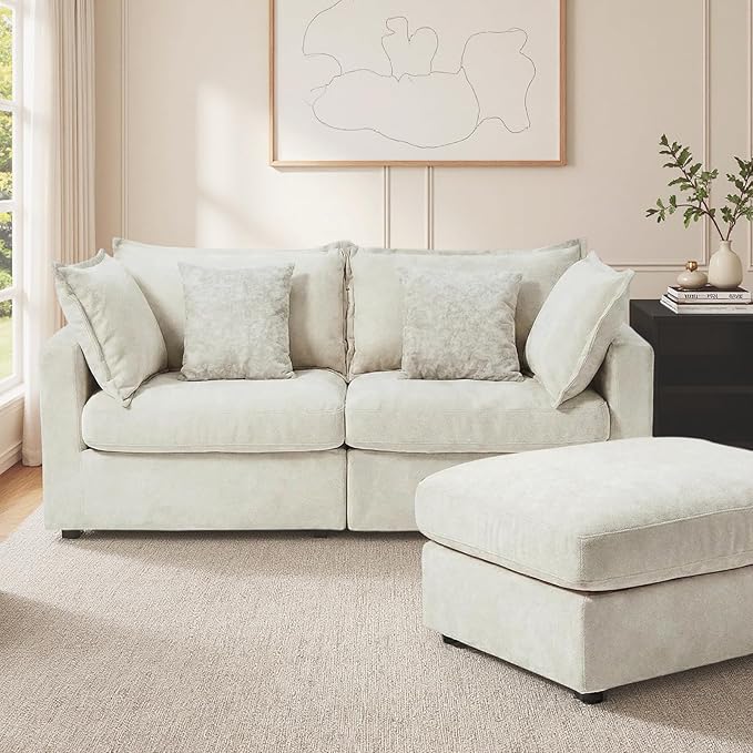 ModernMate 83" Modular Sectional Sofa, L Shaped Couch Set for Living Room, Down Filled Cloud Couch with Storage Ottoman, 2 Seater Loveseat Deep Seat Sofa, Chenille, Beige