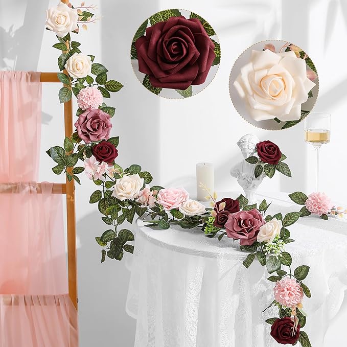 5FT Artificial Rose Flower Burgundy Fake Floral Garland for Wedding Ceremony Backdrop Arch Flowers Table Centerpieces Decorations