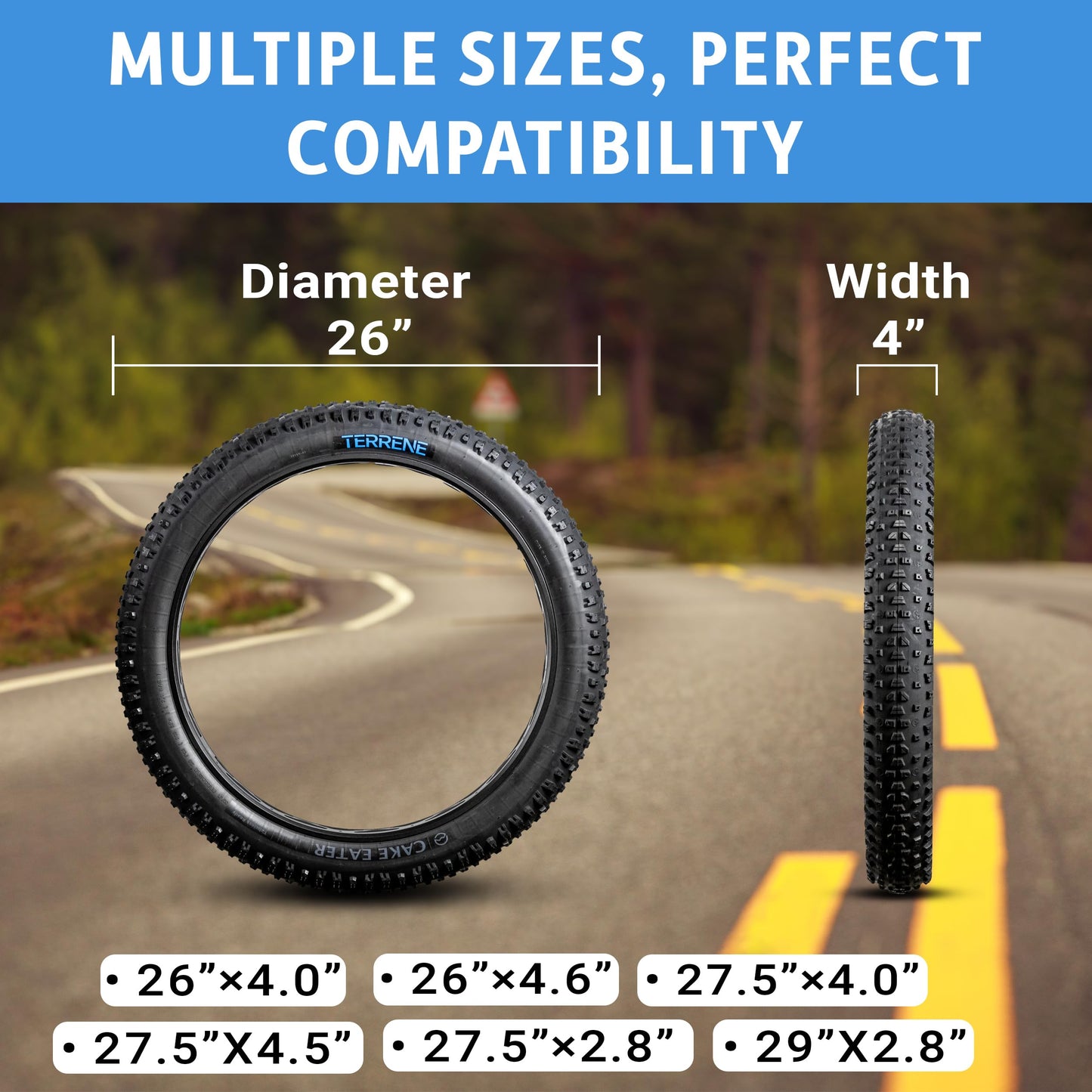 Fat Bike Tire by Terrene - Cake Eater Light 26X4.0 Inch Tubeless, Stud Capable, Fast Rolling Fat Tire for Snow, Ice Traction - All Season Bike Accessories for Fat Tire and E-Bikes - 120 TPI