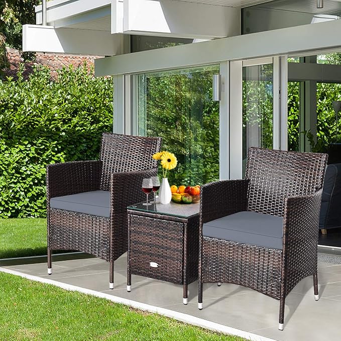 HAPPYGRILL 3-Pieces Patio Furniture Set Outdoor Wicker Rattan Conversation Set with Coffee Table Chairs & Thick Cushions Bistro Sets for Patio Garden Lawn Backyard Pool