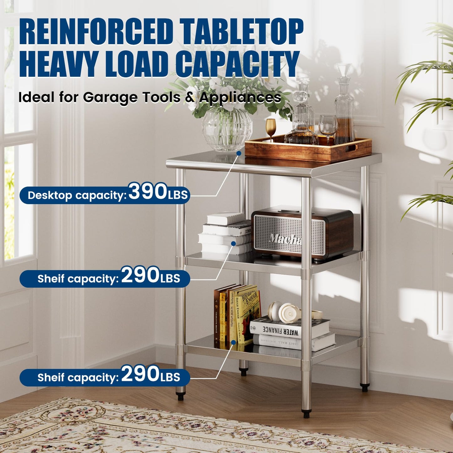 Stainless Steel Work Table 24 x 24 Inch with 2 Adjustable Undershelves, Heavy-Duty Metal Prep Table for Commercial Kitchen & Restaurant, Garage, Outdoor