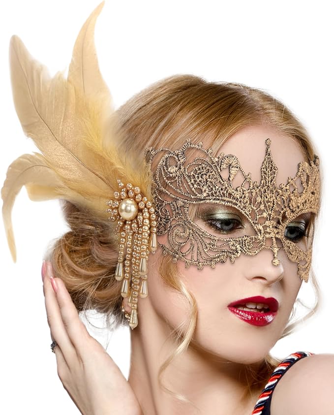 Zinniday Lace Masquerade Masks for Women - Elegant Venetian Mask 1920s 50s Antique Eyemask Feather Halloween Mask for Party