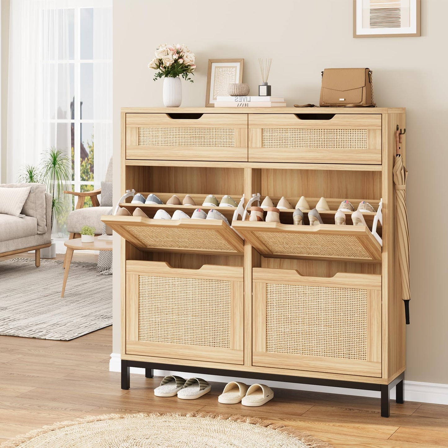 Jocoevol Rattan Shoe Cabinet for Entryway with 4 Flip Drawers & 2 Top Drawers, Freestanding Narrow Shoe Storage Cabinet with Metal Legs for Foyer, Hallway (Natural)