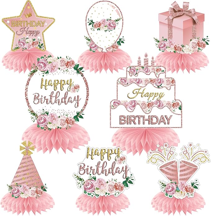 Aodocuto Pink Rose Gold Birthday Decorations Floral Honeycomb Centerpieces for Women Girls, 8pcs Floral Birthday Table Cen...