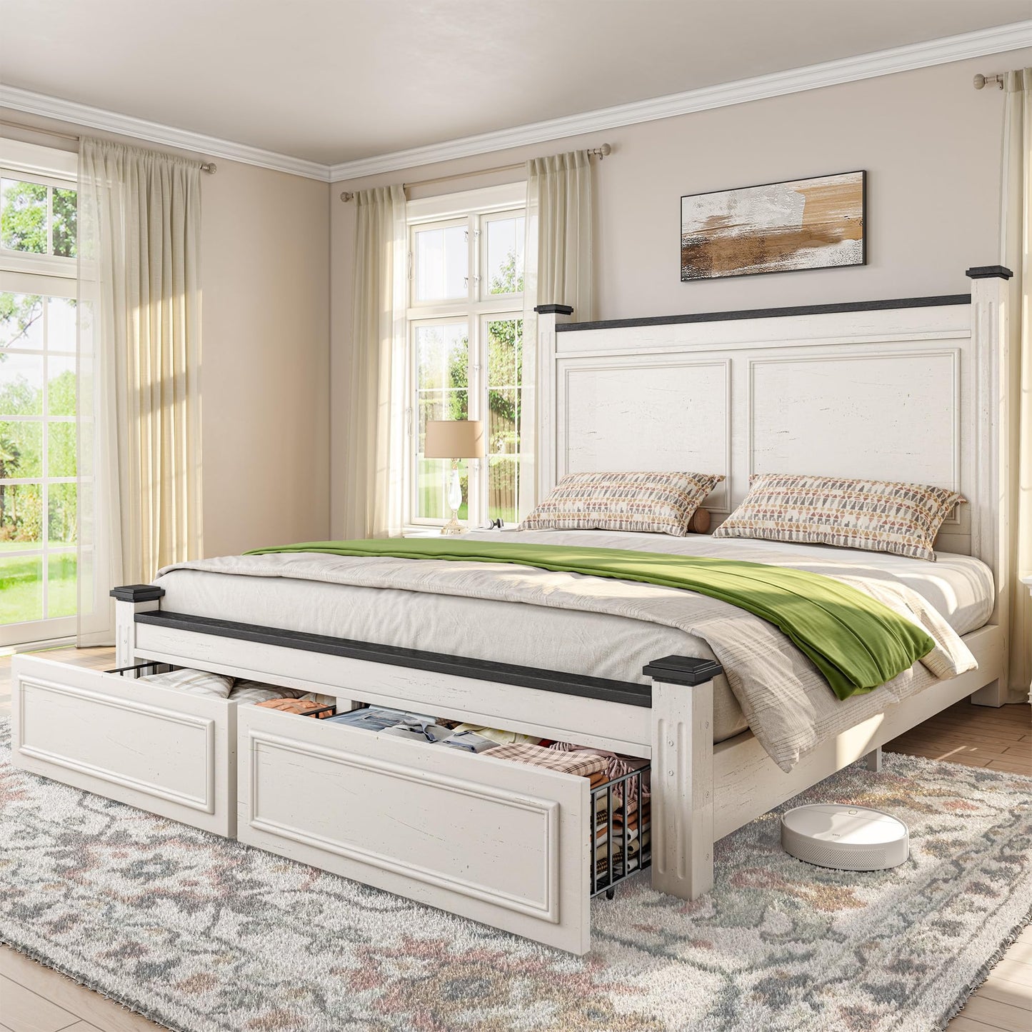 Homkdom Queen Bed Frame with Storage Drawers and 51.25" H Headboard, Modern Queen Size Bed Frame with Storage,NO Noise,No Box Spring Needed,White
