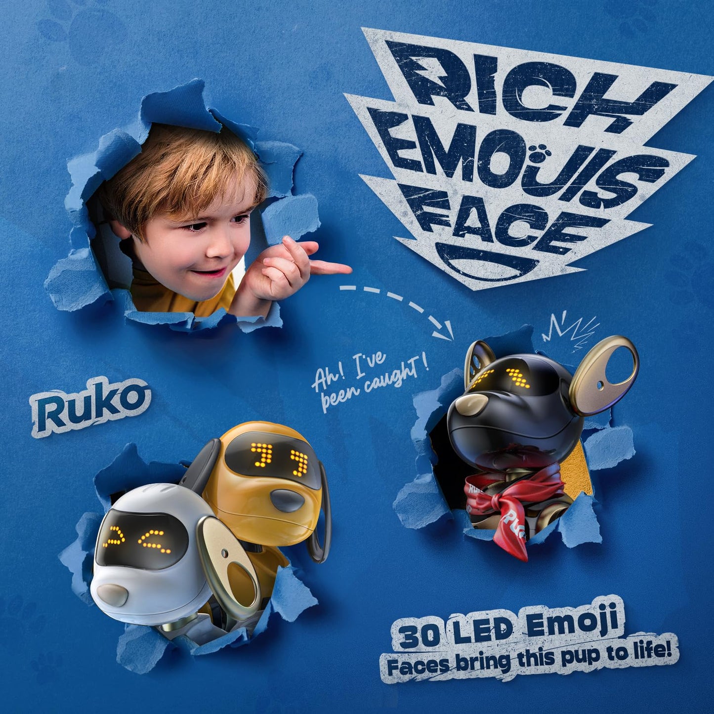 Ruko 18011 Robot Dog Toy, Smart Interactive Puppy with 30+ LED Faces, Remote & Gesture Control, Programmable Electronic Pet for Kids Ages 3–9, Black & Gold