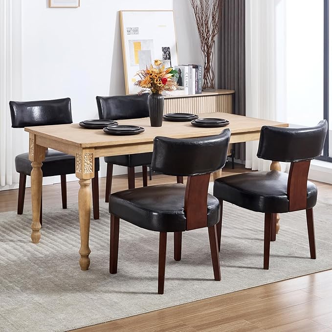 KHISCHMO Mid Century Modern Dining Chairs, Upholstered Pu Leather Fabric Chairs with Curved Backrest and Wood Legs, Comfy Kitchen Vanity Chairs for Dining Room/Living Room/Kitchen, Set of 6 Black