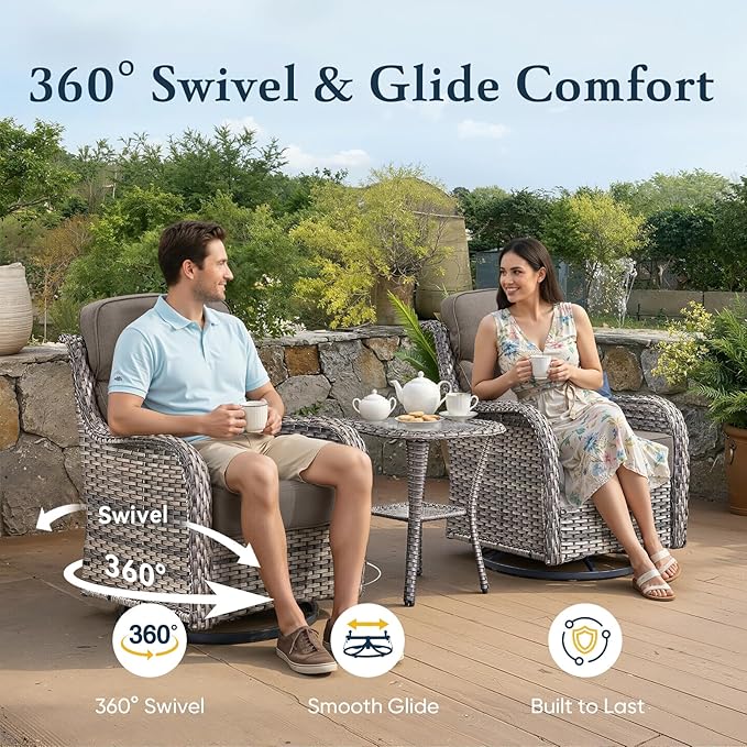 Belord Luxury 6" Thick Cushioned Outdoor Swivel Rocker Patio Chairs of 2, High Back Wicker Patio Furniture Set with Ergonomic Zone Back, Conversation Glider Set for Deck Porch - Grey+Grey
