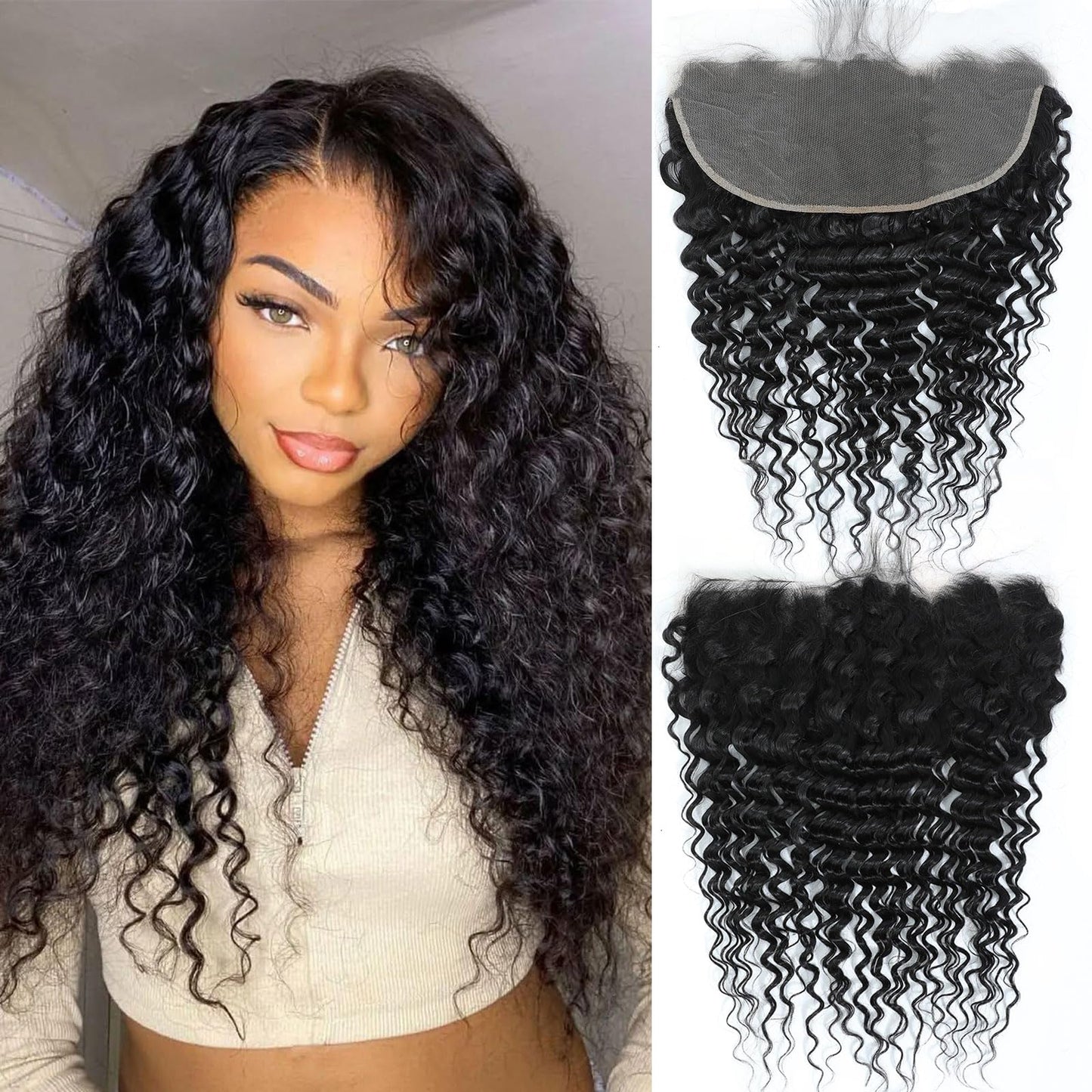 DSEKCAIN HD Frontal Deep Wave 13x6 Frontal HD Lace Deep Wave 18 Inch Human Hair Transparent Lace Closure Big Space Long Departin