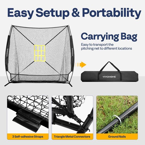 VIVOHOME Baseball Softball Hitting Net with Large Ball Collection System, 7 x 7 ft Baseball Batting Pitching Net with Tee, 2 Strike Zone, Carry Bag, Black
