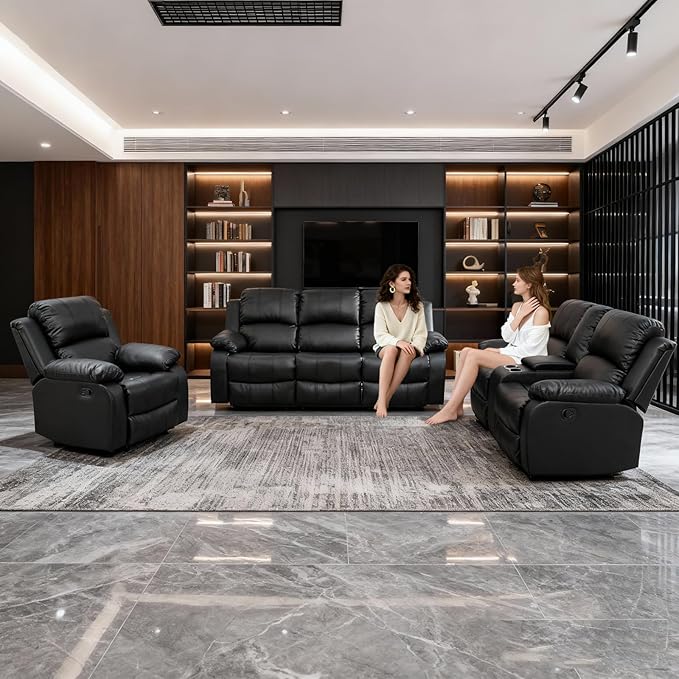 Saxum Tegmen Living Room Furniture Sets, 3 Pieces Sectional Leather Couch Set, Adjustable Recliner Sofa Sets for Living Room/Office (Chair, Loveseat & Sofa, Black)