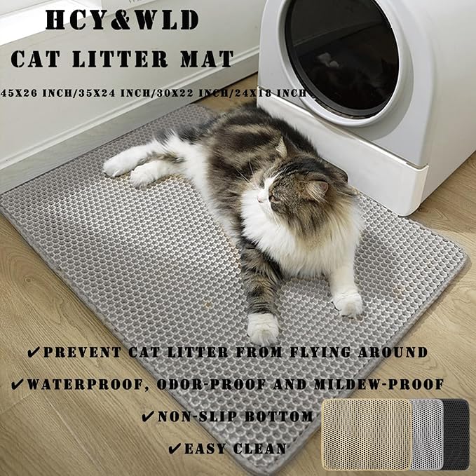 HCY&WLD Cat Litter Mat, 45x26/35x24/30x22/24x18 Inch Double Layer Cat Litter Box Mat, EVA Non-Slip, Waterproof Urine Proof Cat Litter Catcher Mat, Easy Clean Scatter Control (30x22 Inch, Khaki)