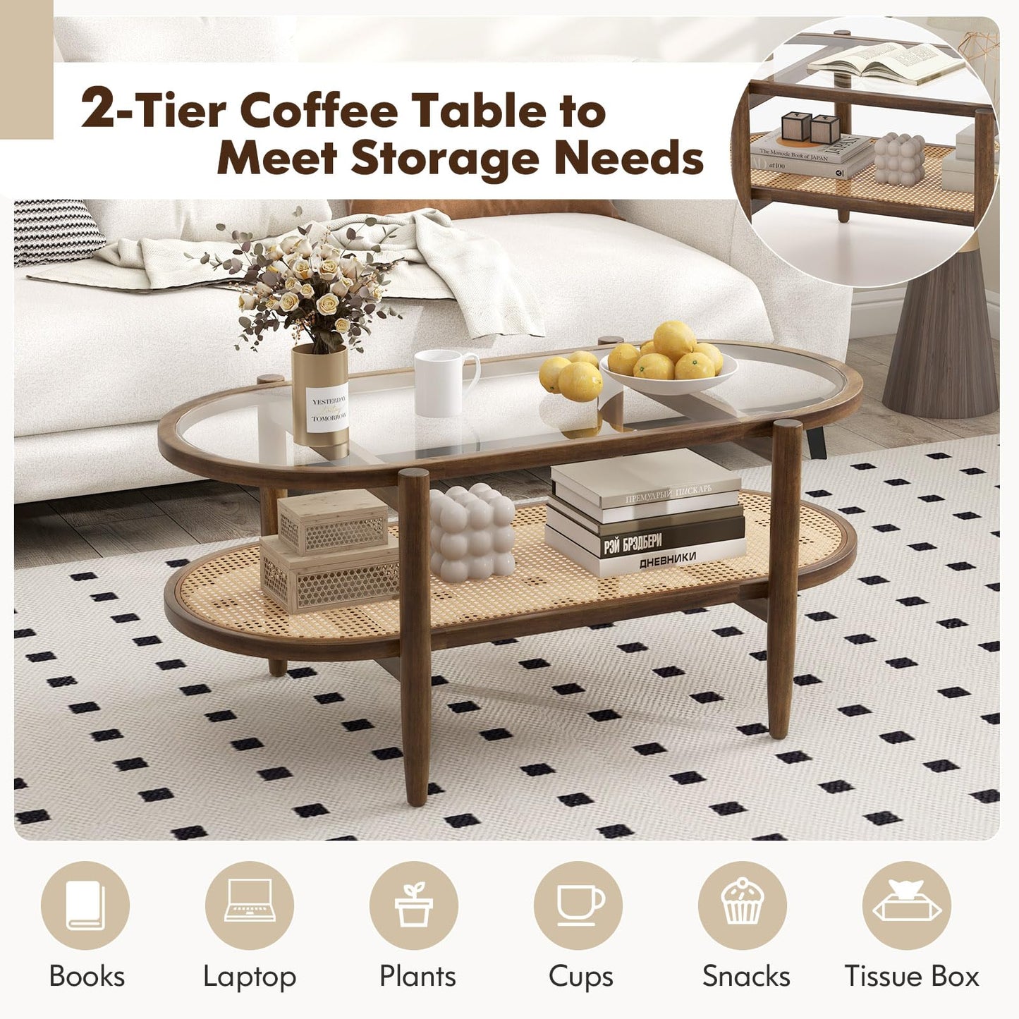 NAFORT 2-Tier Glass Coffee Table, 40" Oval Center Table with Tempered Glass Top, PE Wicker Storage Shelf, Farmhouse Modern Boho Tea Table for Living Room, Office, or Balcony (Bohemian, Brown)