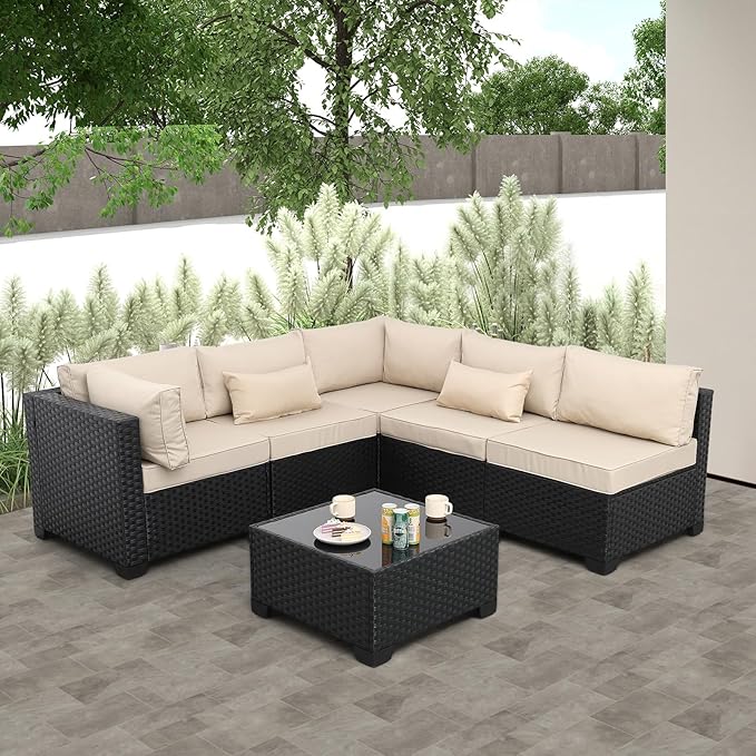 Patio Sectional 6 Pieces All-Weather Wicker Patio Furniture Set Outdoor Sectional with Glass Patio Table Non-Slip Cushions and Waterproof Covers, Khaki