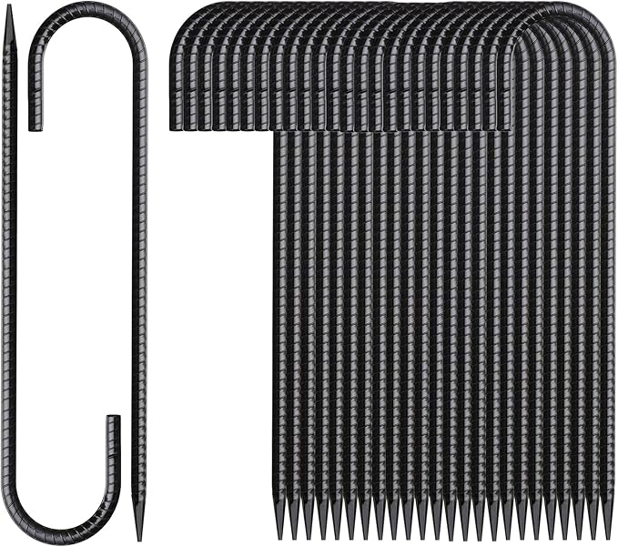 MSWY 16 Inch Rebar Stakes J Hook 26 Pack Ground Stakes Heavy Duty Tent Stakes with Chisel Point End Chain Link Fence Stakes Galvanized Steel Ground Anchors Metal Spikes Black Coated