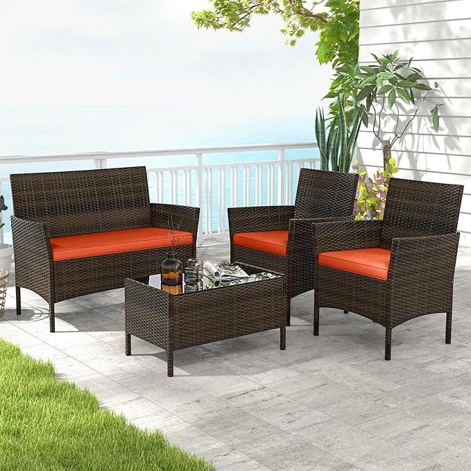 HAPPYGRILL 4 Pieces Outdoor Rattan Conversation Set, Patio Wicker Furniture Set with Loveseat Chairs & Tempered Glass Coffee Table, Outside Sectional Sofa Set for Backyard Garden Poolside, Orange