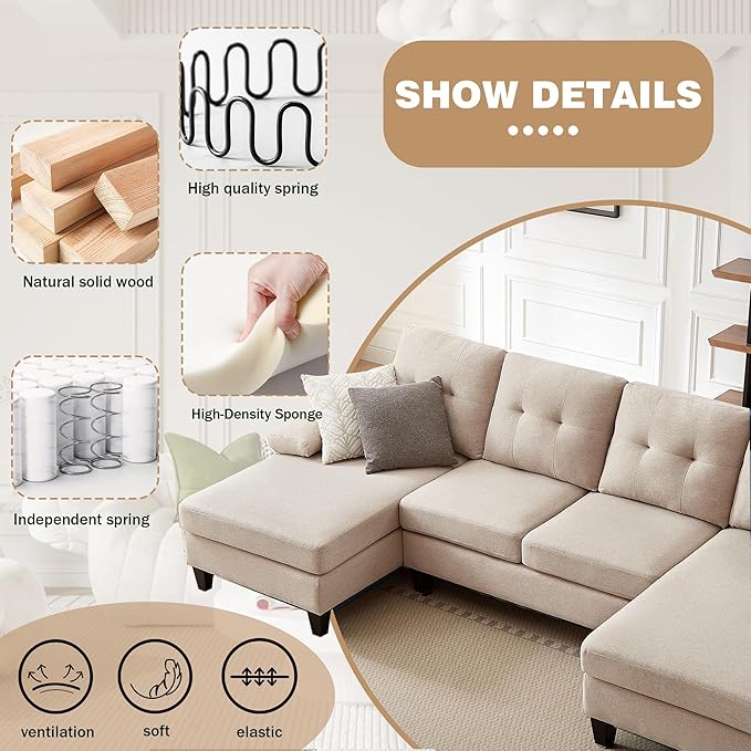 Chireca 111" Sectional Couch for Living Room, Modern Polyester Fibre U Shaped Sofa Couches with Double Chaise, Upholstered 4 Seater Sofa for Living Room, Apartment, Office, Beige