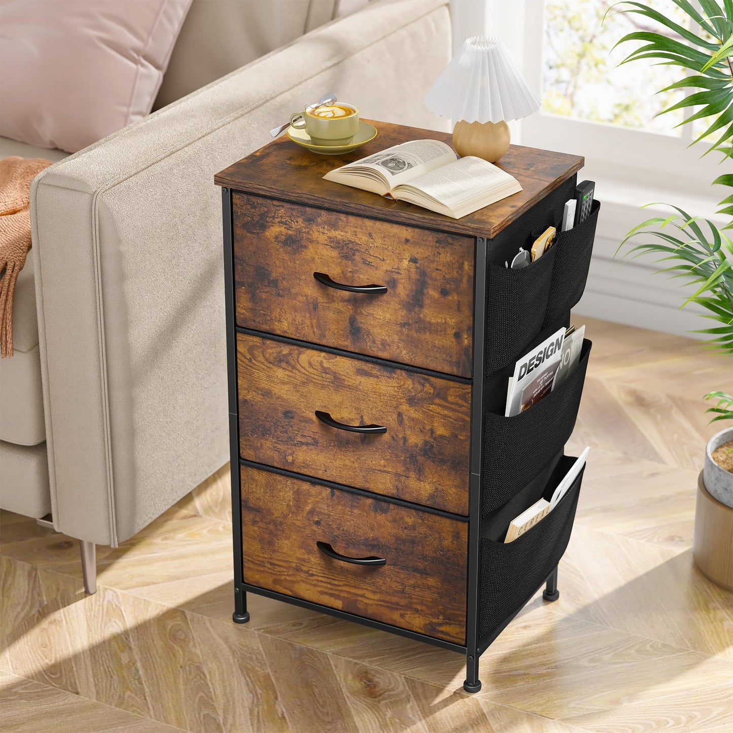 Night Stand Set 2, Night Stand with Drawers for Bedroom, Bedside Table with Wooden Top, Sturdy Steel Frame End Table, Dorm Nightstand for Bedroom, Entryway, Hallway, Cloth Bags, Hooks, Rustic Brown