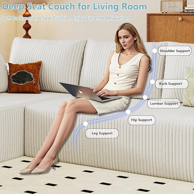 96" Cloud Sectional Couch with L-Shape Chaise, Modern Corduroy Boneless Couch for Living Room,Memory Foam Sofa with Deep Seat,No Assembly Required (White,Left-Facing Chaise)