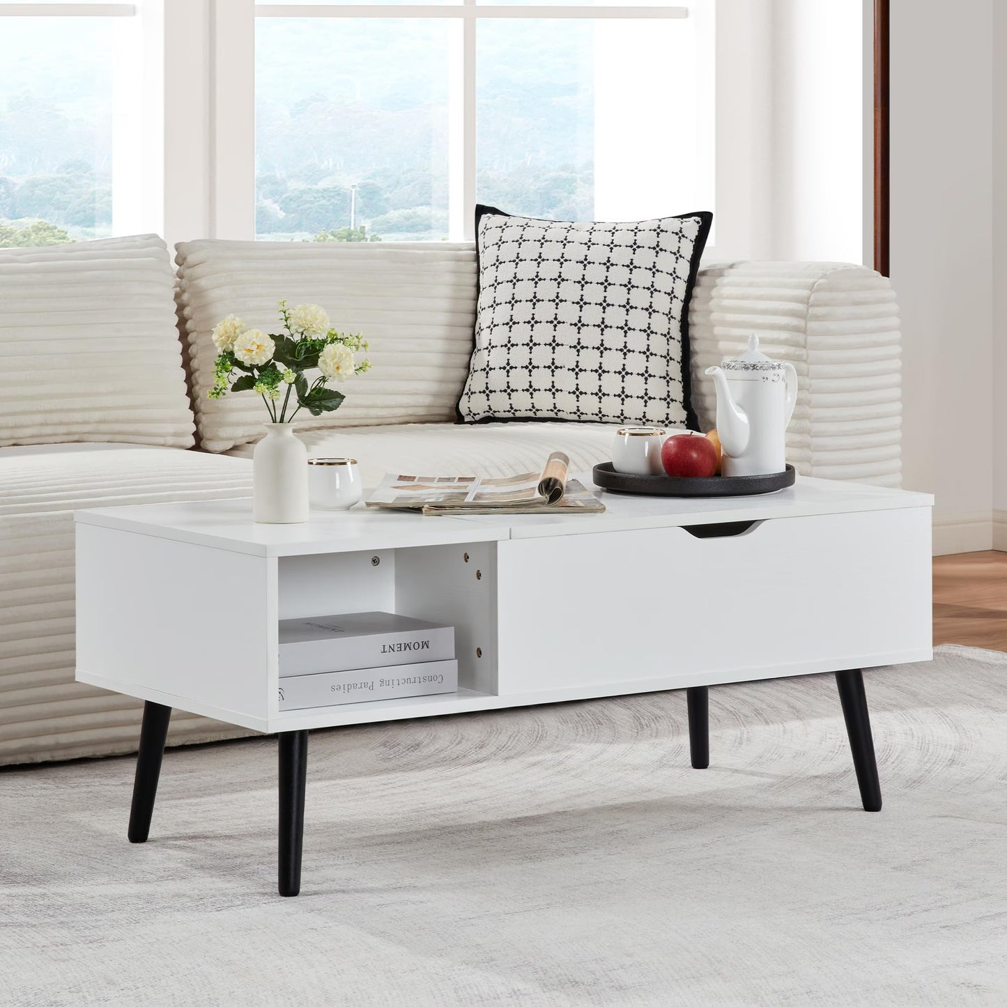 Softa Coffee Tables for Living Room, Wood Lift Top Coffee Table with Storage Shelf and Hidden Compartment, Dining Center Pop-up Table for Home, Office(White)