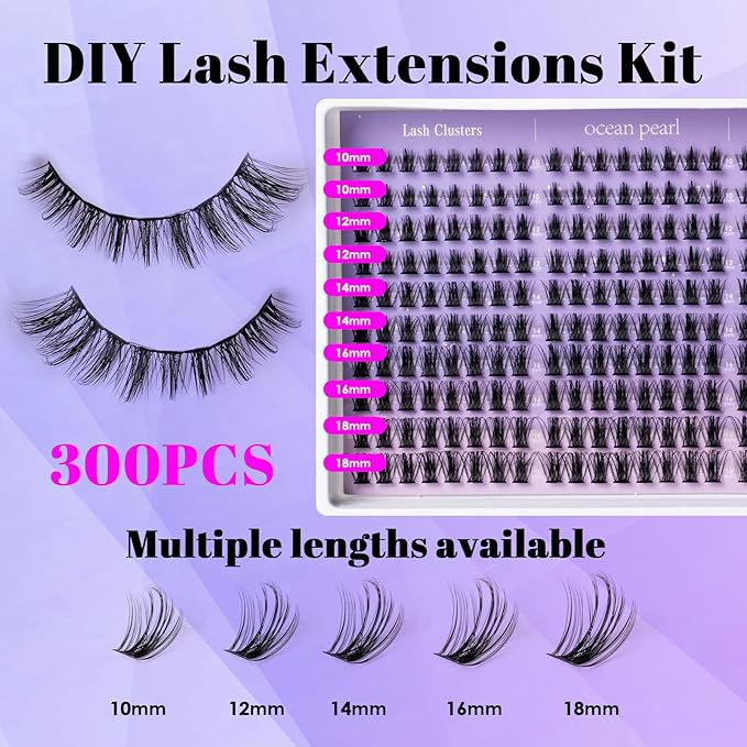 Ocean Pearl Lash Clusters Kit 300pcs,Eyelashes,spike-effect cluster lashes,10-18mm manga/anime-inspired lashes clusters,eyelash clusters,DIY Cluster Eyelash Extensions with lash bond+seal+tweezers-M33