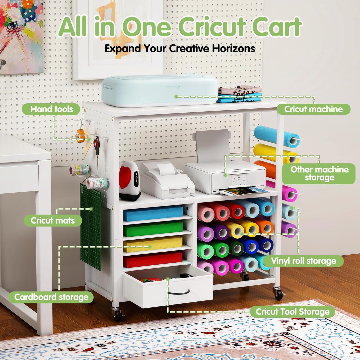 MASHELLY Craft Storage Cart, Compatible with Cricut Cutting Machines, Features a Vinyl Roll Holder and Drawers,A Mobile Storage Table for Crafting Tools and Accessories, Suitable for Studios, Offices