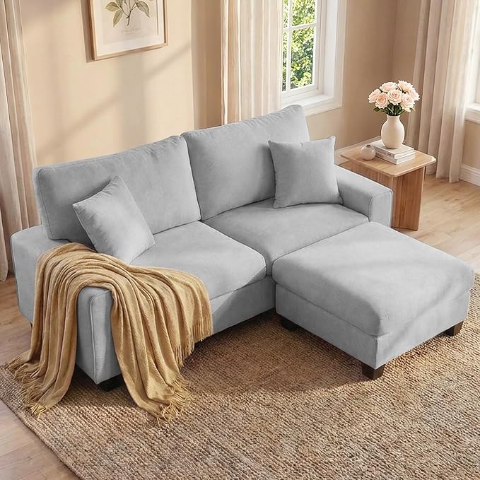 DOPEDIO L-Shaped Sectional Sofa with Storage Ottoman, Modern Chenille Recliner Loveseat, Removable Couch Covers, Pocket Spring Cushions, Solid Wood Frame, Easy to Install (71.25inch, Light Gray)
