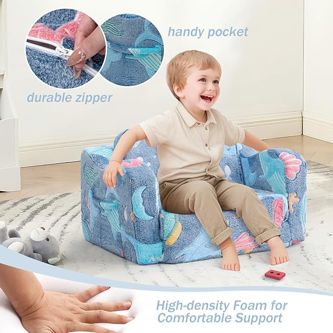 MeMoreCool Folding Toddler Chair, Glow-in-The-Dark Soft Plush Kids Fold-Out Couch Sofa, Comfy Baby Recliner for Girls and Boys (Denim Mermaid)