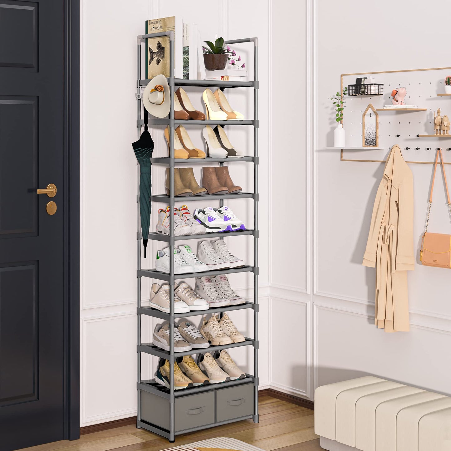 OYREL Shoe Rack, Sturdy Metal Shoes Rack Organizer,Narrow Shoe Rack,Shoe Racks for Closets,Shoes Rack,Shoe Stand,Shoe Shelf (10 Tier with 2 Boxes and 1 Hook)