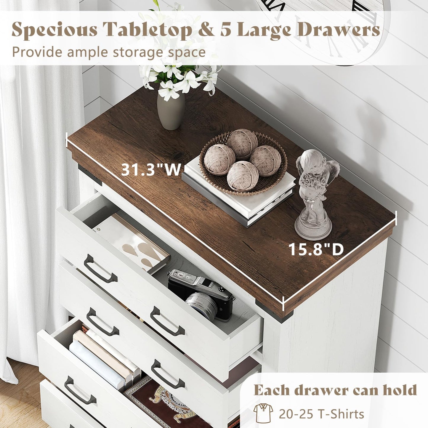 AMERLIFE 2 Pieces Farmhouse Bedroom Set, Includes Wood Rustic Queen Size Bed Frame with 54" Tall Headboard, 48" Tall 5 Drawers Dresser Chest, Heavy Duty Thick Plank Styling, Antique White