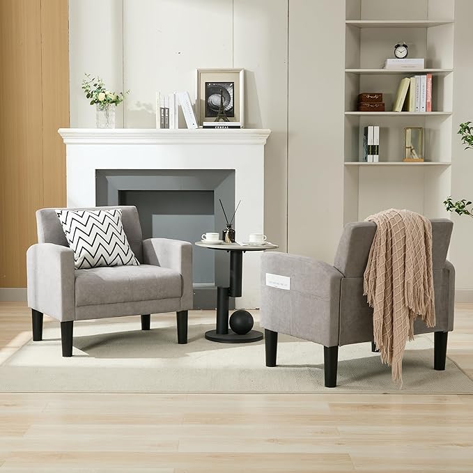 TYBOATLE Accent Chair Sets of 2 Living Room Chairs Cozy Tufted Mid Century Modern Chairs with Arms for Bedroom Comfy Reading Arm Chair Small Chairs for Small Spaces Living Room Office (2, Light Grey)