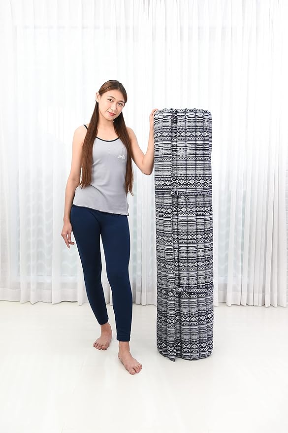 Leewadee - Foldable Floor Mattress - Japanese Roll Up Futon -Trifold Tatami Mat- Guest Floor Bed - Camping Mattress - Thai Massage Mat, Kapok Filled, 75 x 57 inches, Blue White