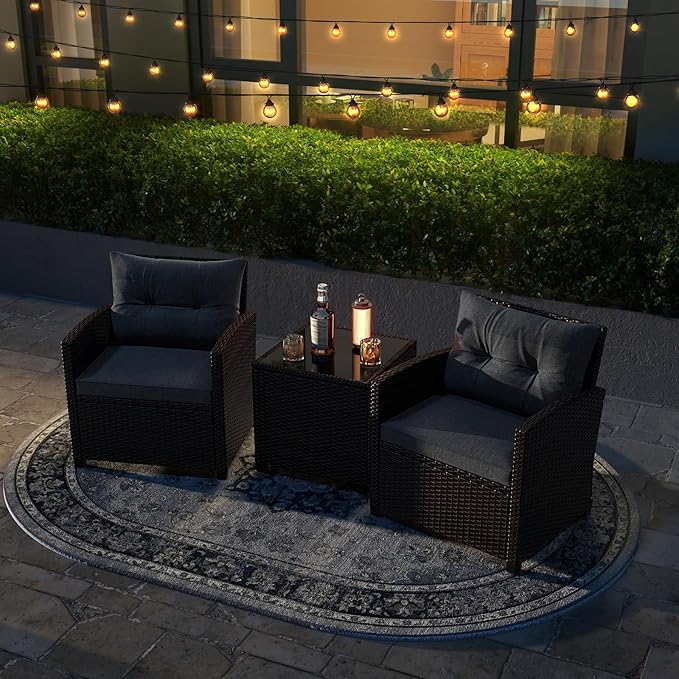 ORALNER 3 Pieces Patio Furniture Set, Outdoor Wicker Conversation Set Rattan Chairs with Cushions, Glass Coffee Table, Bistro Set for Front Porch Balcony Garden Deck Poolside (Grey)