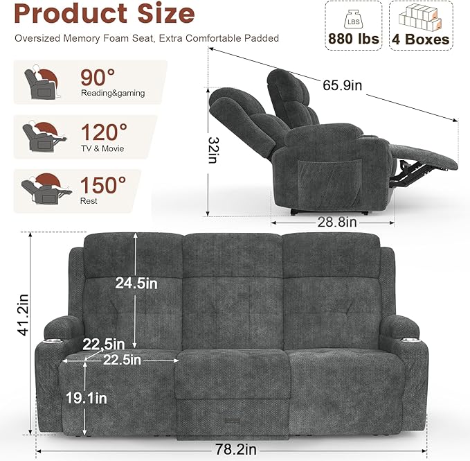 Recliner Sofa, Massage Reclining Sofa 3 Seater Sets Fabric Reclining Couch, RV Loveseat Couch Clearance with Flip Back Console, Storage, Cup Holders, Wall Hugger Reclining Couch for Living Room