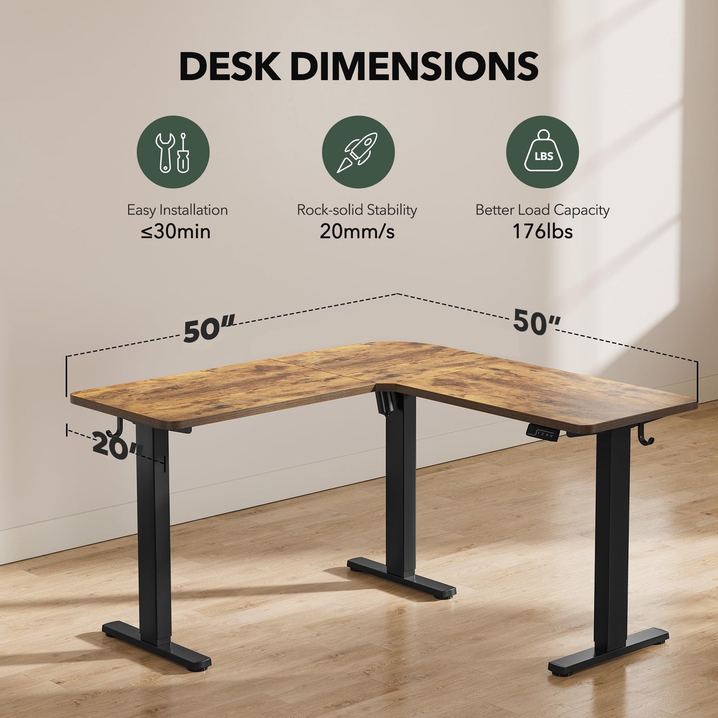 FEZIBO L Shaped Standing Desk, Electric Stand up Height Adjustable Home Office Table, Sit Stand Desk, Light Rustic Brown Top