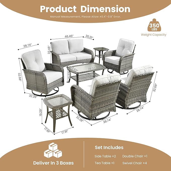 8-Piece Wicker Patio Furniture Set, All-Weather Rattan Conversation Bistro Loveseat Chair and Patio Rockers Set for Backyard, Balcony and Deck with Soft Cushions and Metal Table(Grey)