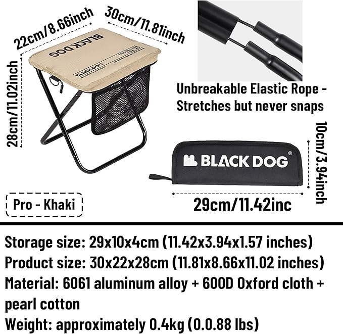 Blackdog 11in Ultralight Camping Folding Stool - 0.7lb Compact Camping Chair, 265lb Capacity Aluminum Alloy X-Frame for Hiking, Fishing BBQ Portable Small Stool for Adults (Pro - Khaki)