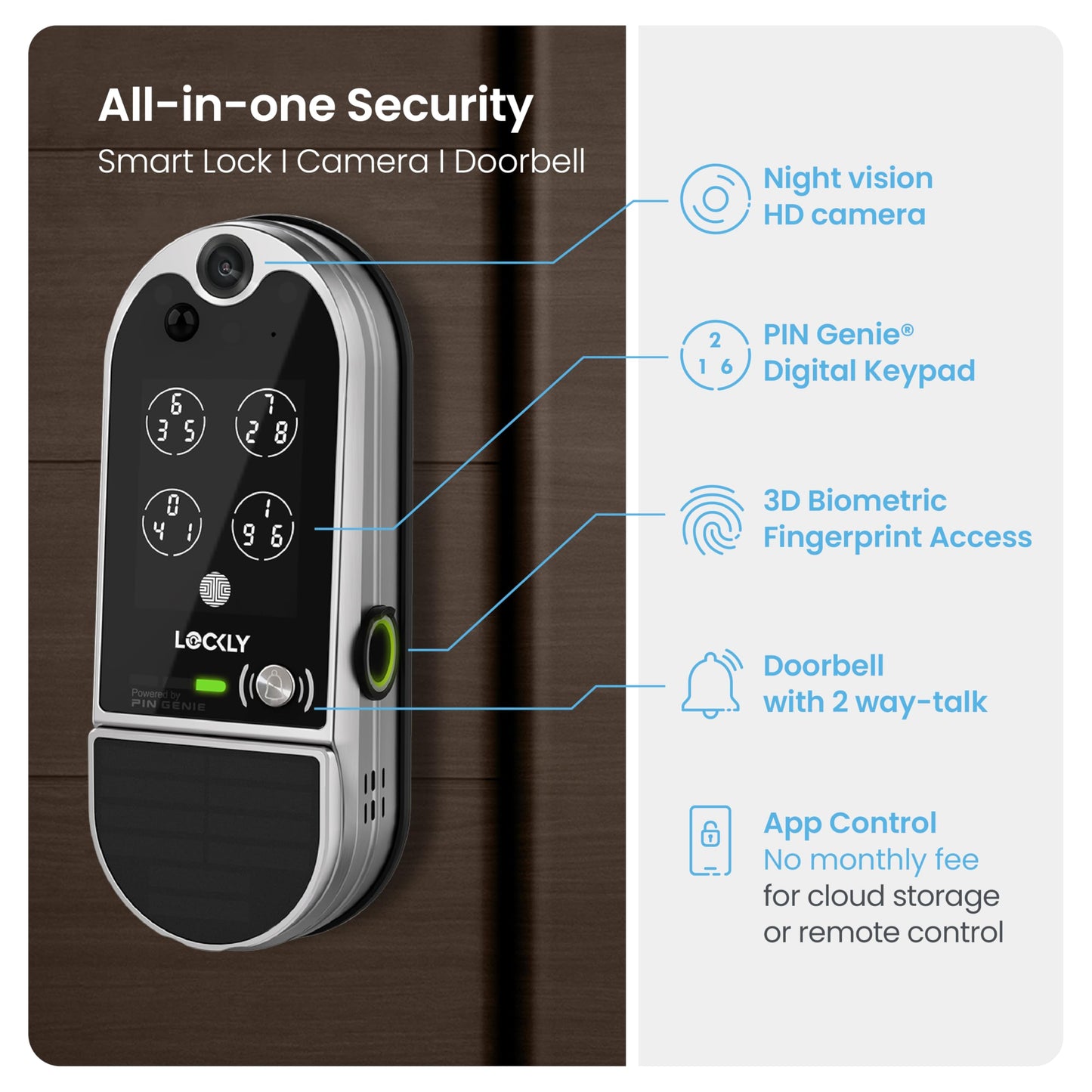 Lockly Vision Elite Video Smart Lock with Camera, Smart Wi-Fi Deadbolt for Front Door, PIN Genie® Keypad, Fingerprint Door Lock, Motion Sensor, App Remote Control, 2 Way Audio Doorbell, No Monthly Fee