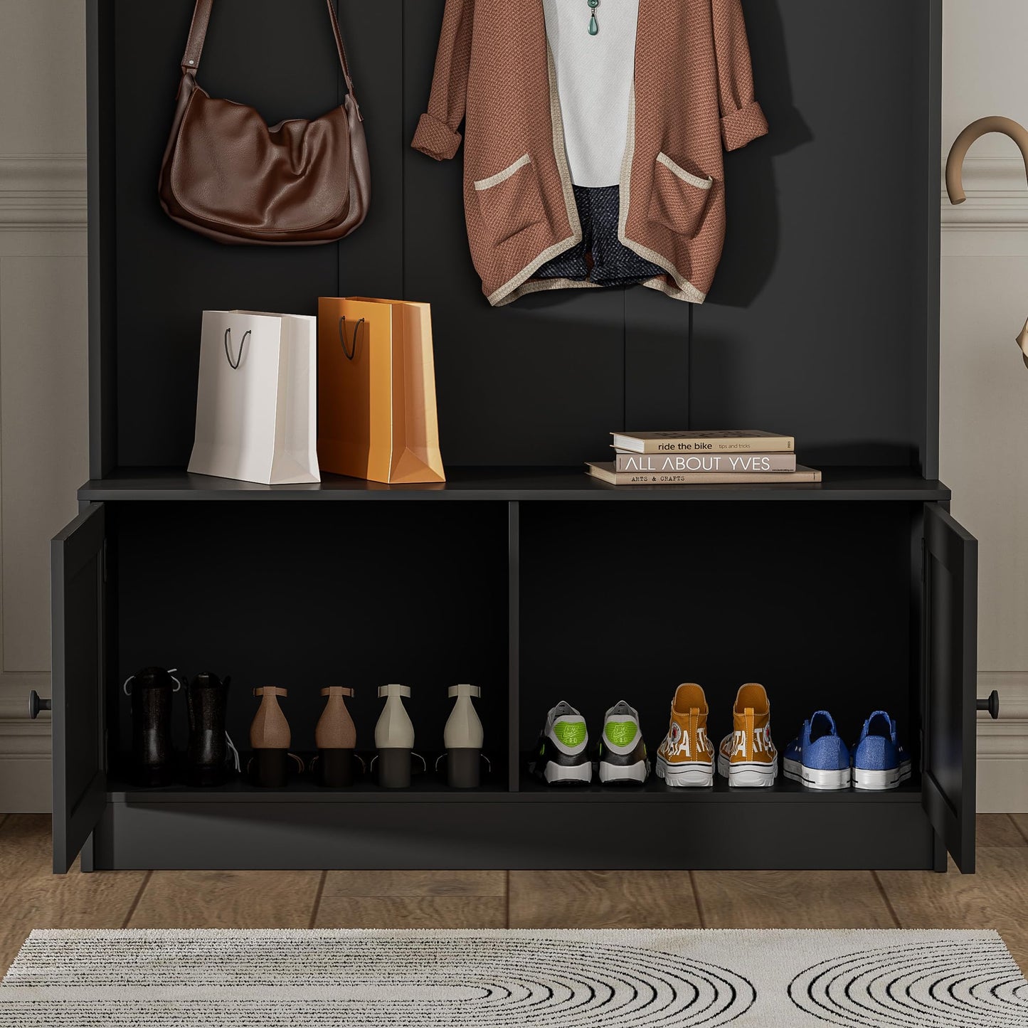 MHOM Black Hall Tree with Storage, 65" Tall Entryway Bench with Shoe Storage, Coat Rack and Top Shelf, Freestanding Wooden Hall Tree with Bench for Entryway, and Hallway