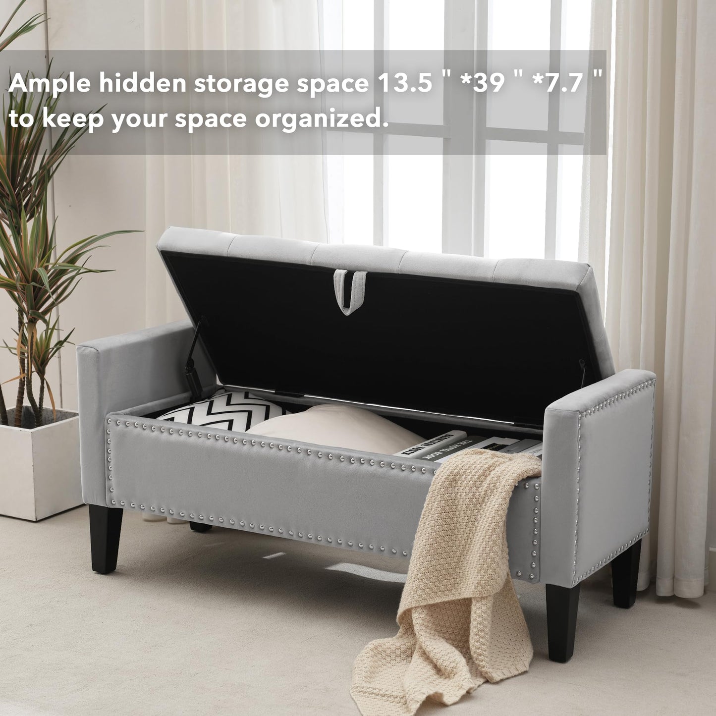 Creek Vista Velvet Storage Ottoman Bench, 45'' Upholstered Button Tufted End of Bed Bench, Modern Entryway Ottoman with Arms, Grey