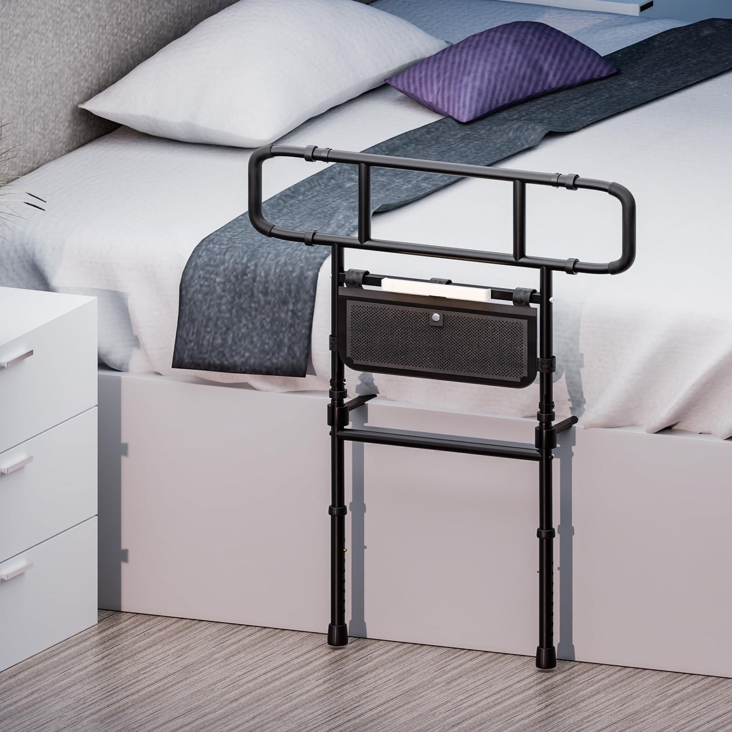 Com MUMU Bed Rails for Elderly Adults Safety - Adjustable Bed Assist Rail Bar for Seniors with Motion Light & Storage Pocket, Side Bed Rail Handle Support Guard Bar Rails for King Queen Full Twin Bed