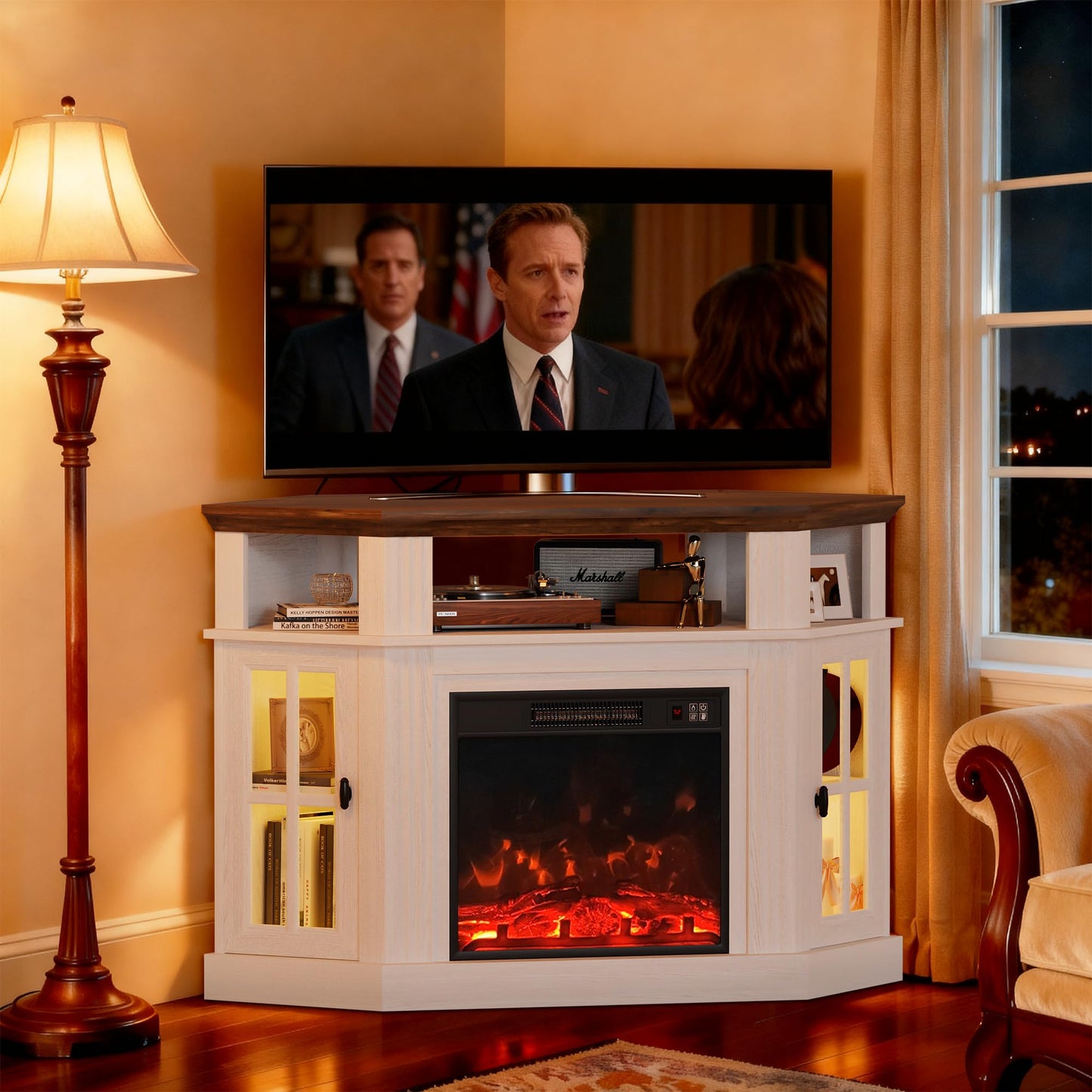YESHOMY LED Corner Fireplace TV Stand with Mood Lighting, for TVs up to 55" with Storage Cabinets, Entertainment Center, Media Console for Living Room, Bedroom, White＆Rustic
