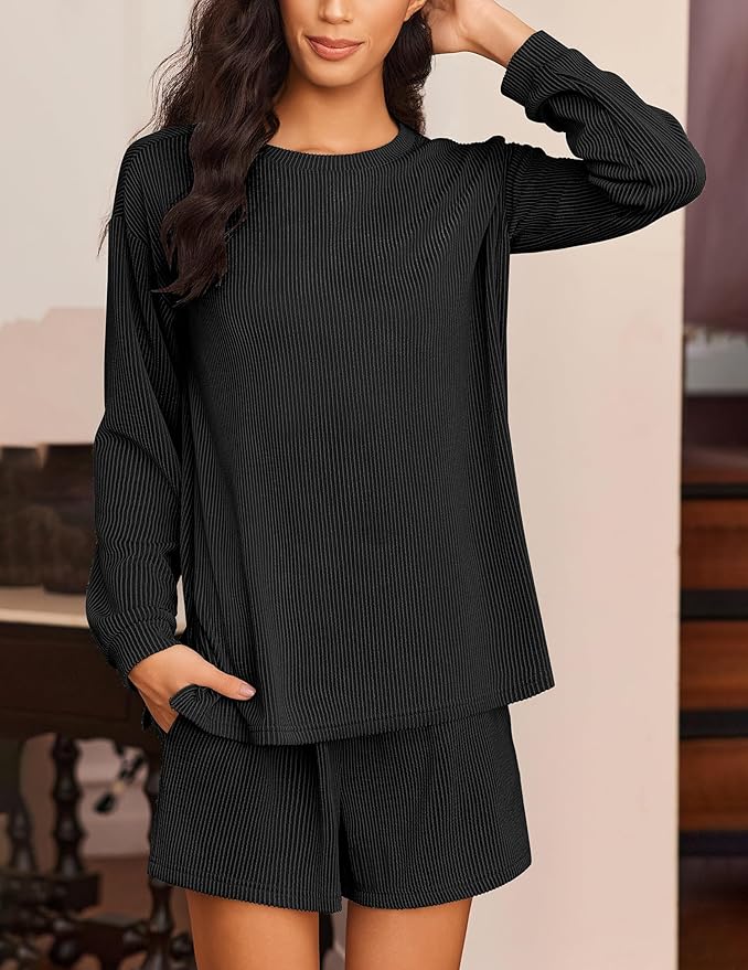 Ekouaer 2 Pieces Lounge Set for Women Long Sleeve Pajamas Top and Shorts Matching Sets Outfits with Pockets